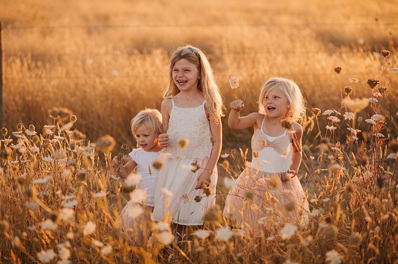 little girls hugging in field, sunkissed blonde girls, family portraits at sunset