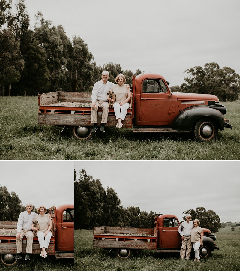 old bedford truck; farm kids; rustic tones family shoot; extended family portraits; grandkids; family farm