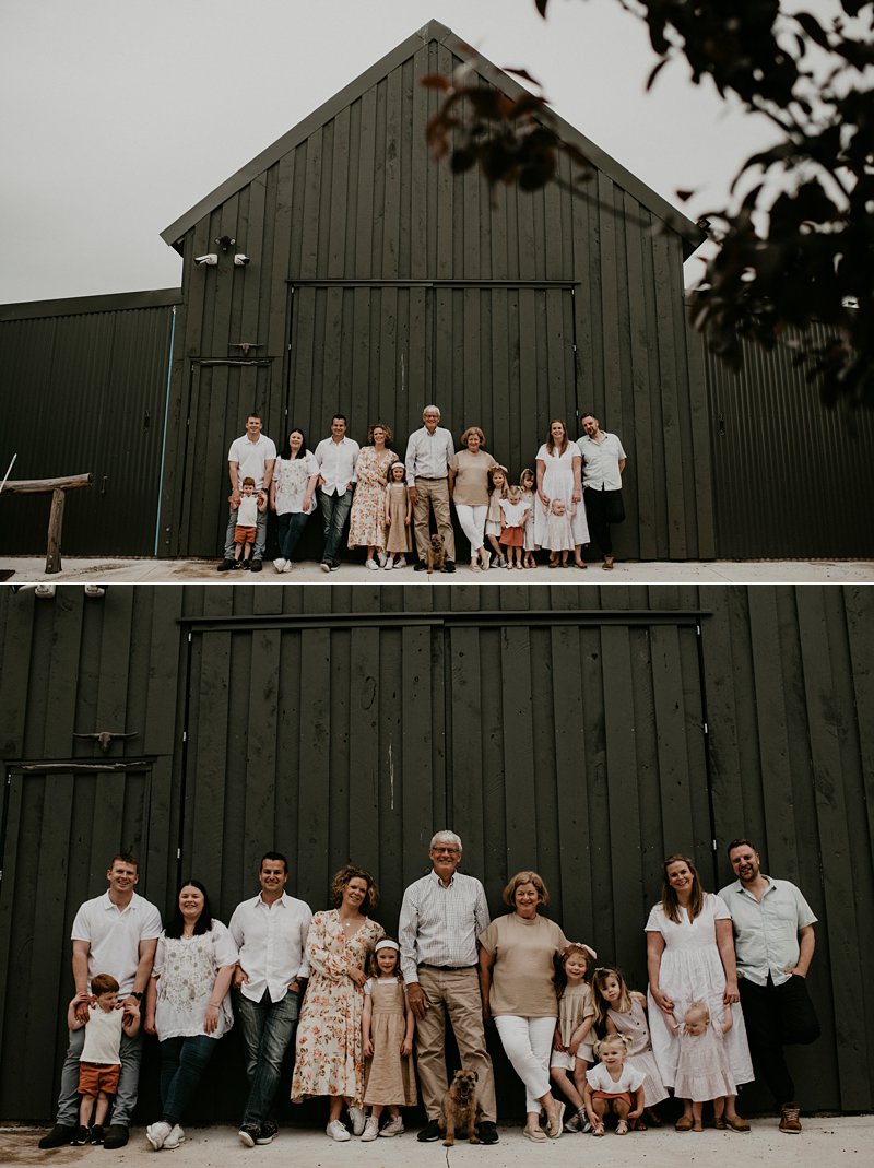 farm kids; rustic tones family shoot; extended family portraits; grandkids; family farm old shed